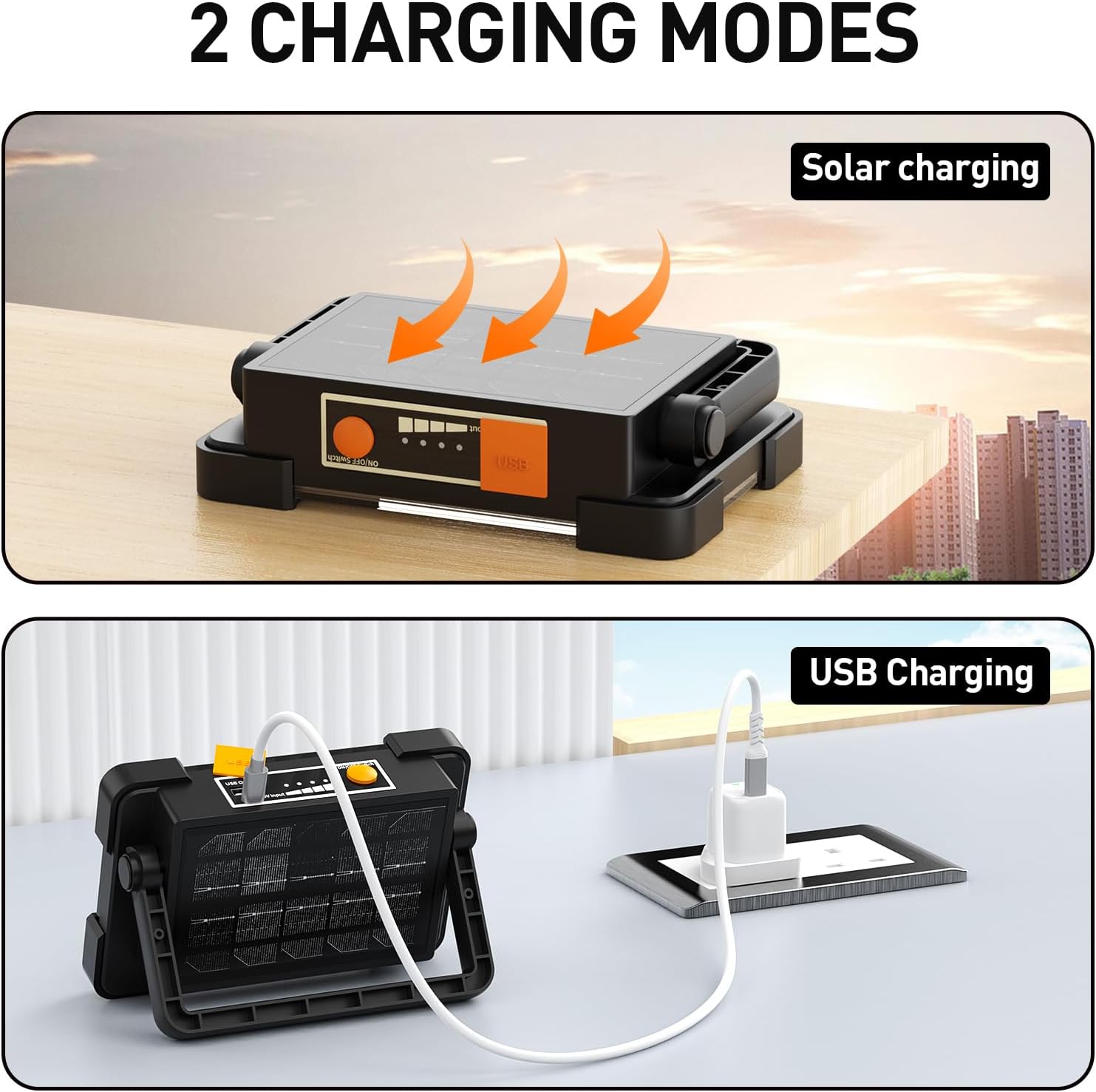 Holofote LED portátil recarregável, luz de trabalho à prova d'água, luz USB de 4 modos com painel solar para camping, garagem, emergência, ofici - 4