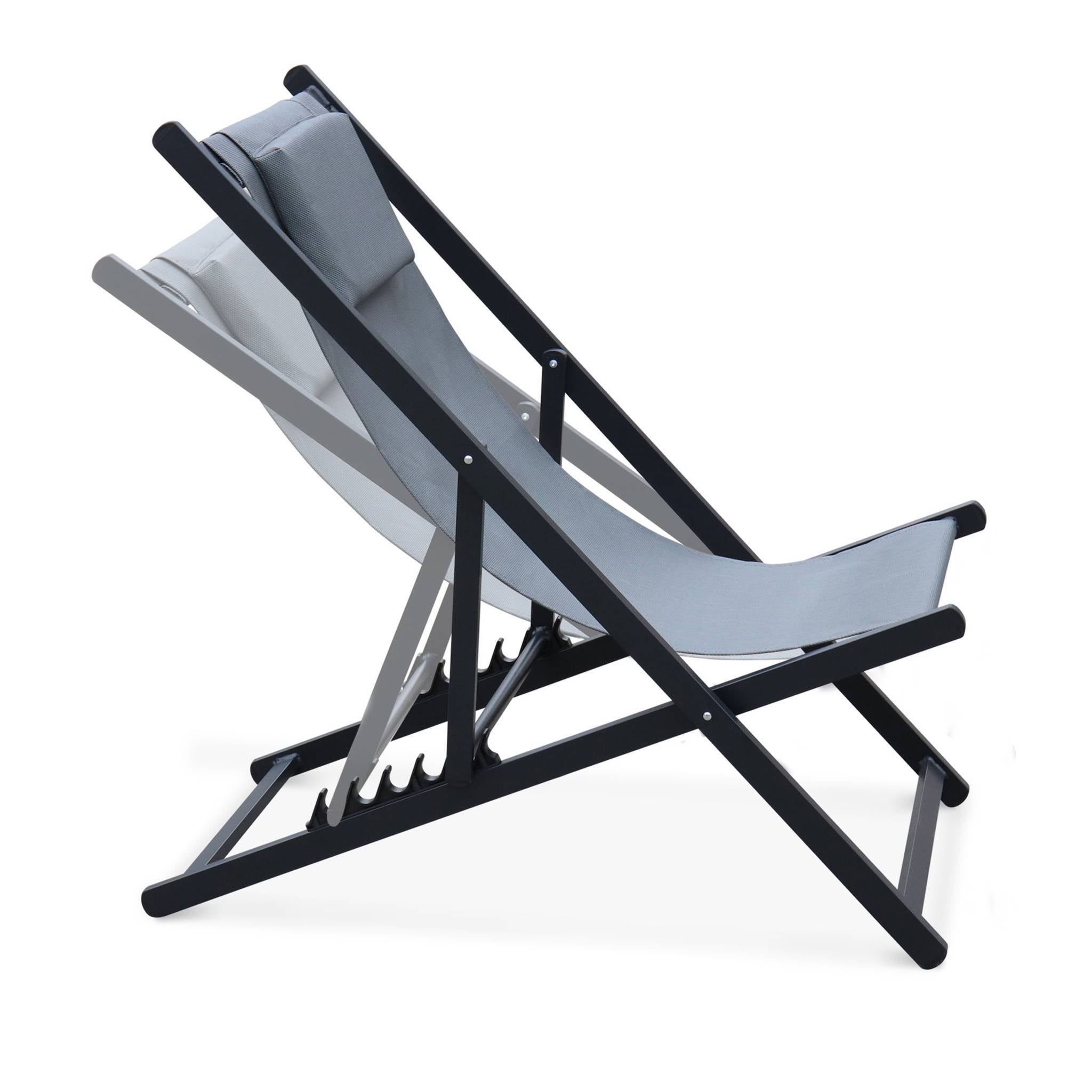 Lot de 2 bains de soleil - Gaia gris - Transat en aluminium gris anthracite et textilene gris avec coussin repose tête. chilienne - 3