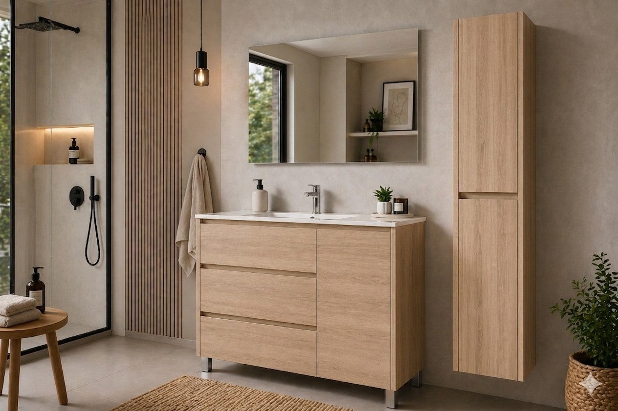 Set mobilier de baie VOLUM 3 sertare și ușă, lavoar și oglindă Estepa 90x45 cm cu dulap coloană