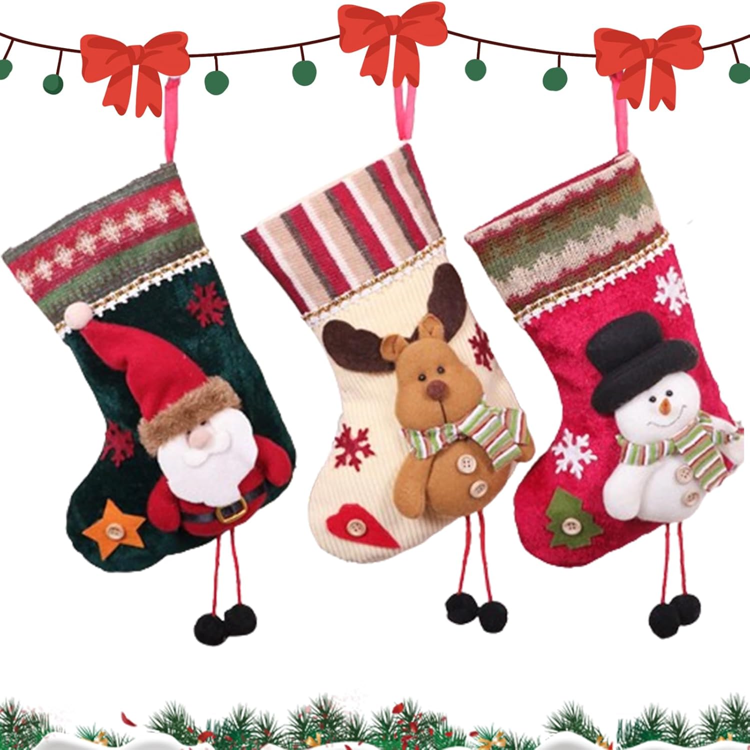 Lot De 3 Chaussettes De Noël à Suspendre – Décoration Cheminée Ou Sapin – Motifs Père Noël, Renne, Bonhomme De Neige – 25x17 Cm