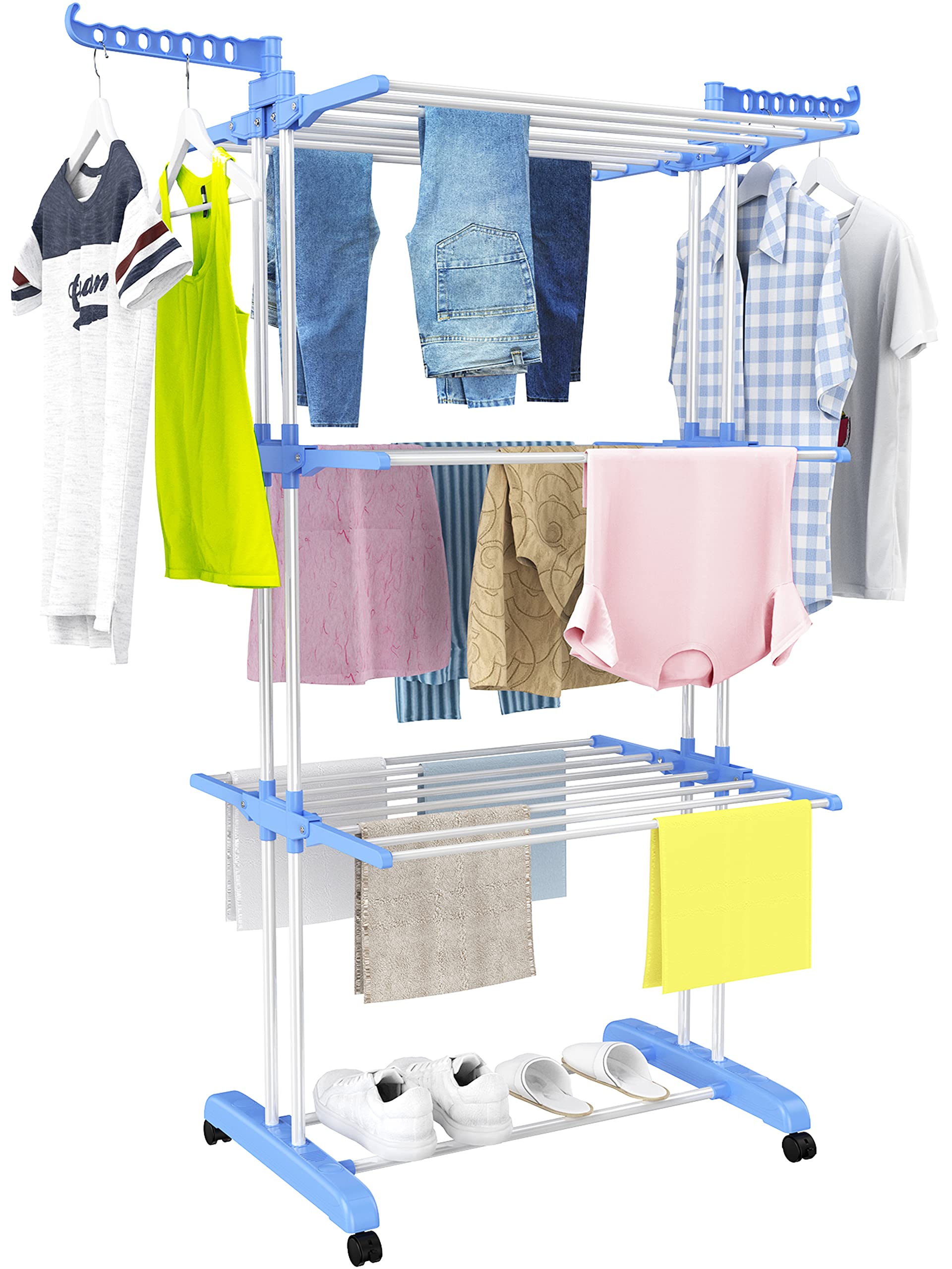 Etendoir Linge Interieur, 4 Niveaux Grande Pliable Sechoir a Linge avec Roues, Acier Inoxydable