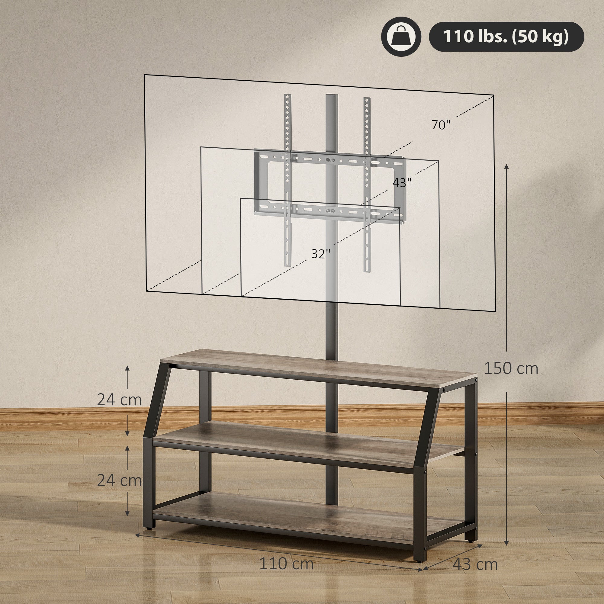 Meuble tv avec support pour téléviseurs jusqu'à 72 pouces meuble télé avec 2 étagères ouvertes gris 110x43x150cm finition de qualité - 5