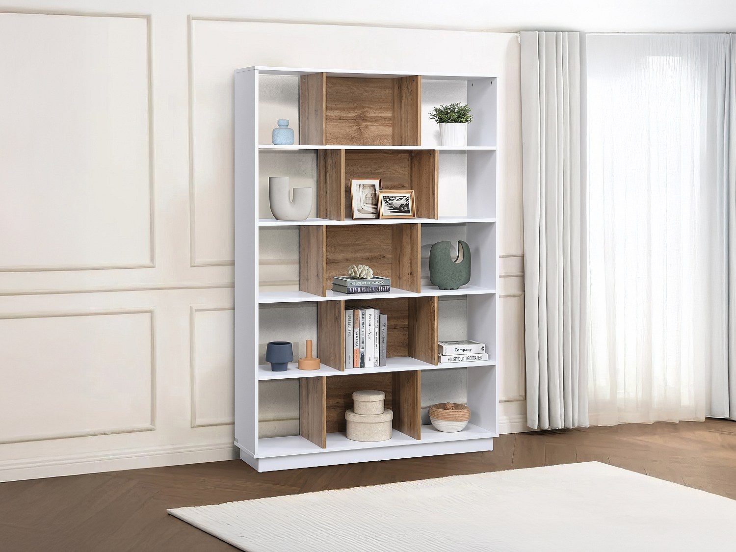 Biblioteczka z 15 wnękami - Biały i Naturalny - DALENOR