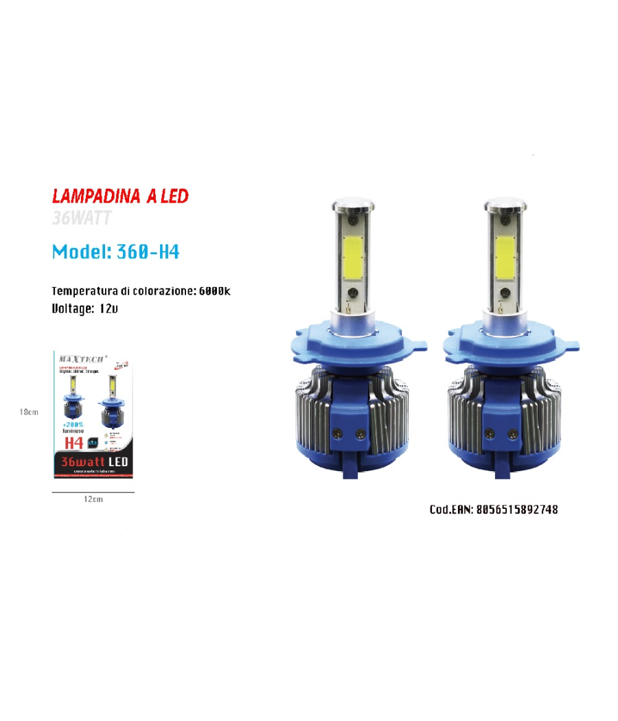 Trade Shop - Coppia Lampade Led Ricambio Auto H4 Led 8000 Lumen 6000k 12v 36w Maxtech 360-h4 - - 3