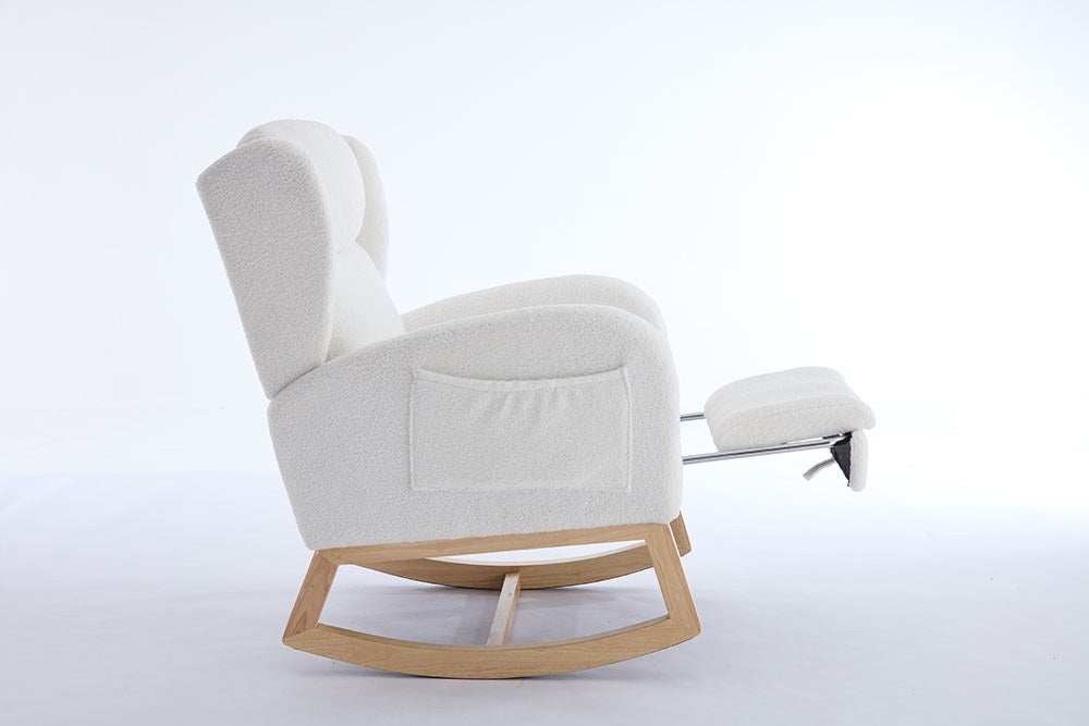 Fauteuil à bascule allaitement, bois, repose-pieds réglable, poche, Teddy blanc - 6