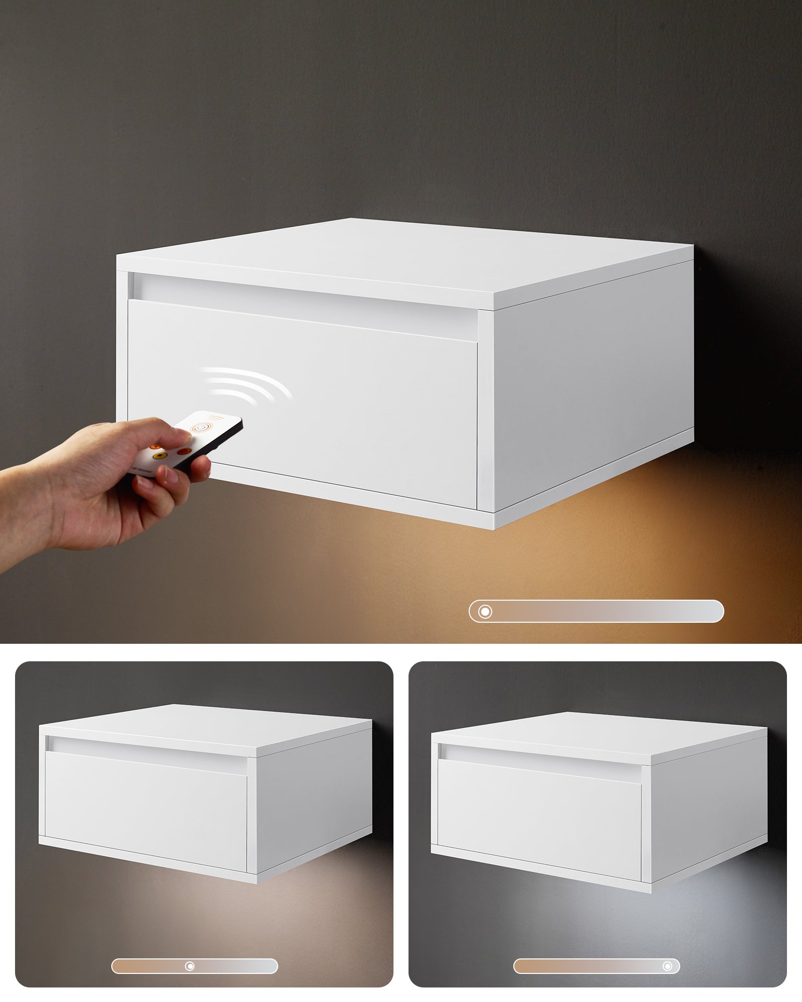 Tables de Chevet Suspendues, Lot de 2, Lumière 3 Couleurs, Étagère Murale Tiroir, 35 x 40 x 18 cm, Style Moderne, pour Chambre, Salon, Blanc Nuage - 4