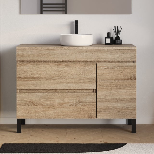 Meuble de salle de bain 120cm avec plateau et vasque à poser ronde - porte et tiroirs - sans miroir - cambrian (chêne clair) - LAZARO