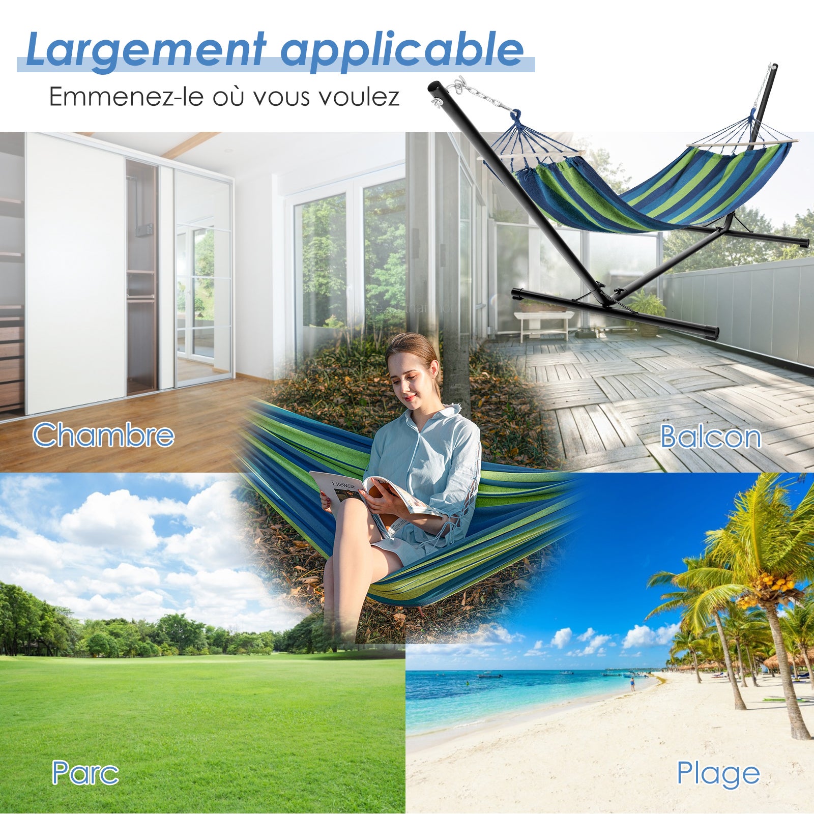 Support de Hamac en Métal 325 x 100 x 106 cm, Charge 150 KG, Structure de Hamac&nbsp;pour Accrocher Lit Balancelle et Chaises Suspendues, Noir - 7