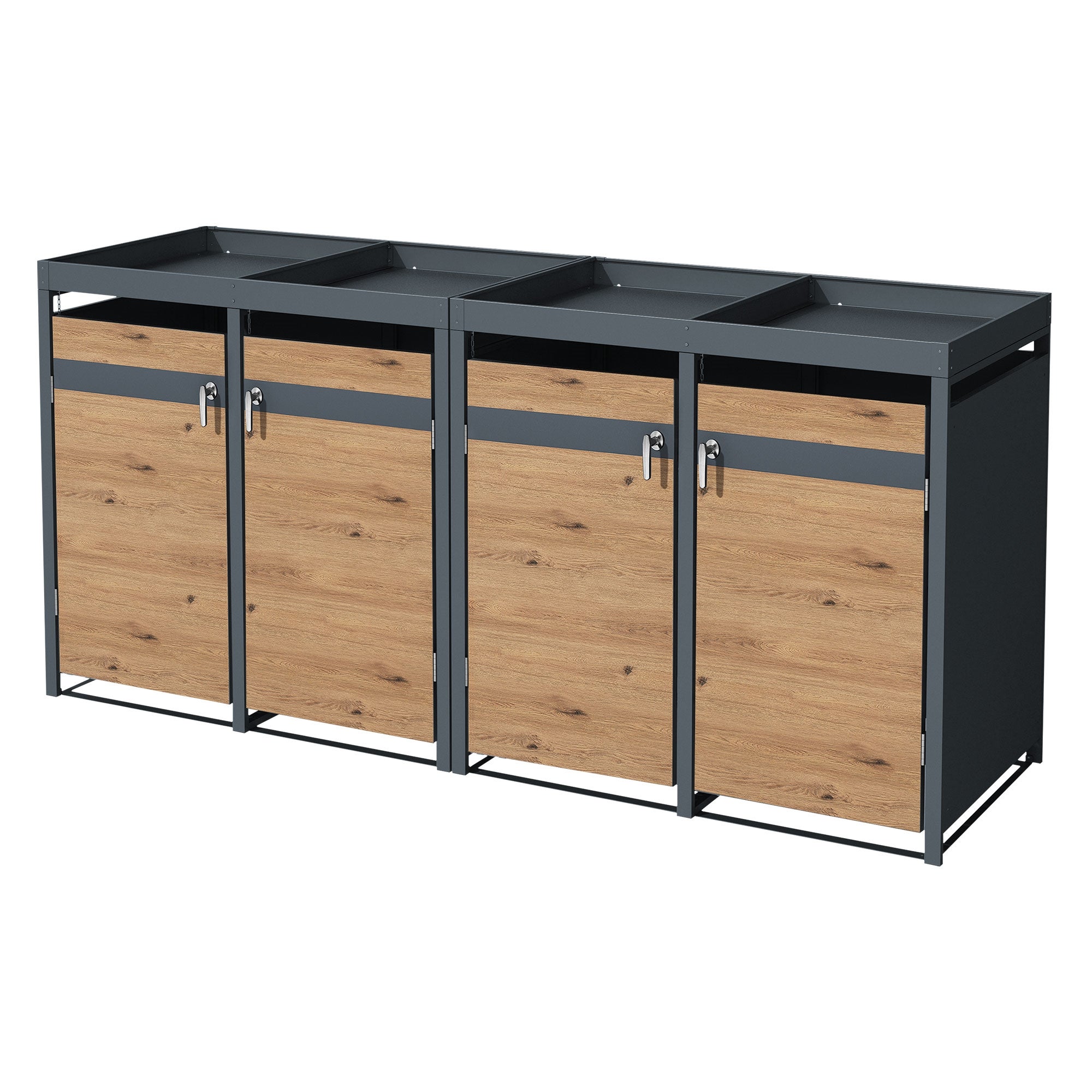 ML-Design pojemnik na odpady z daszkiem na 4 pojemnik 240L 264x80x124 cm dębowy stalowy odporny na warunki atmosferyczne zamykany z drzwiczkami