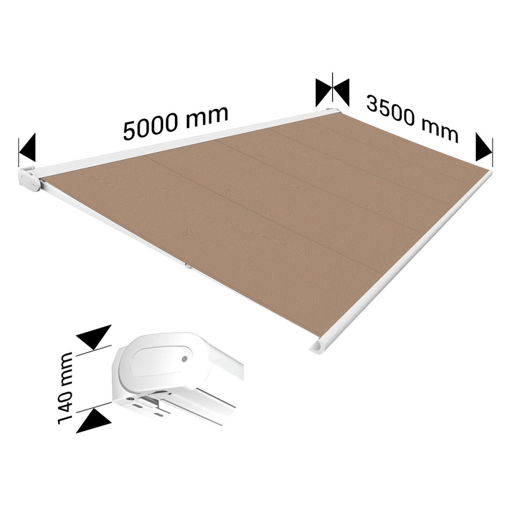 Store banne Coffre intégral PROTECT 2 LED SMART Blanc 5x3,5m Motorisé à télécommande + Capteur Vent + Eclairage LED - Toile Taupe - 5
