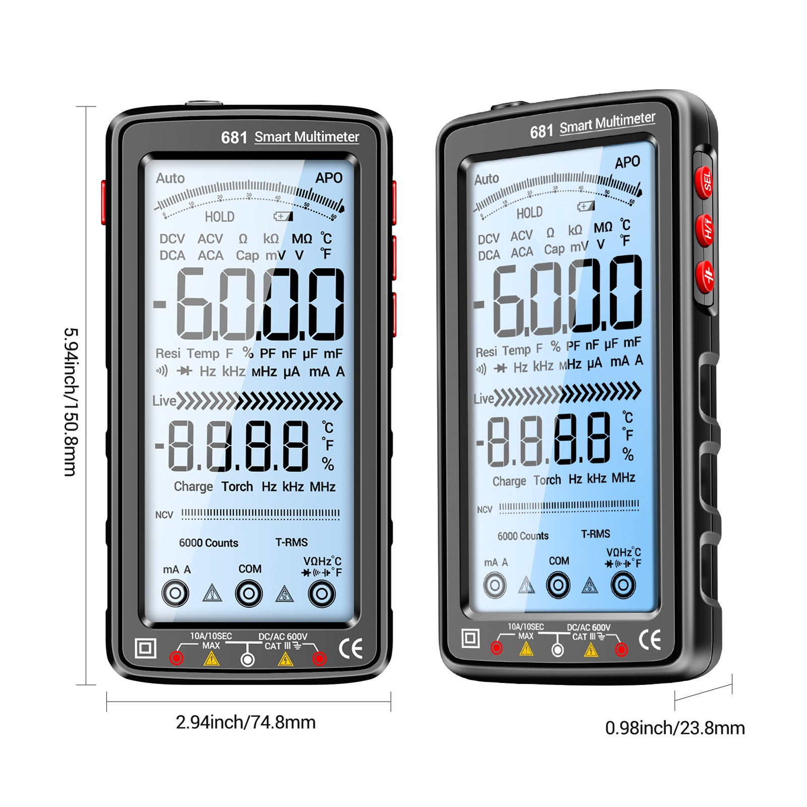 Multimetro digitale con ampio schermo LCD da 681,5 pollici, gamma manuale e automatica, misurazione multifunzione di tensione, corrente e resistenza - 8