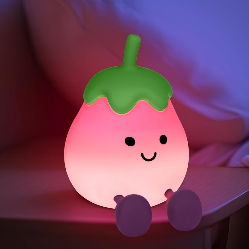 Lampka nocna dla dzieci w kształcie bakłażana, lampka nocna dla dzieci Kawaii z funkcją timera, silikonowa lampka nocna dla dzieci z akumulatorem