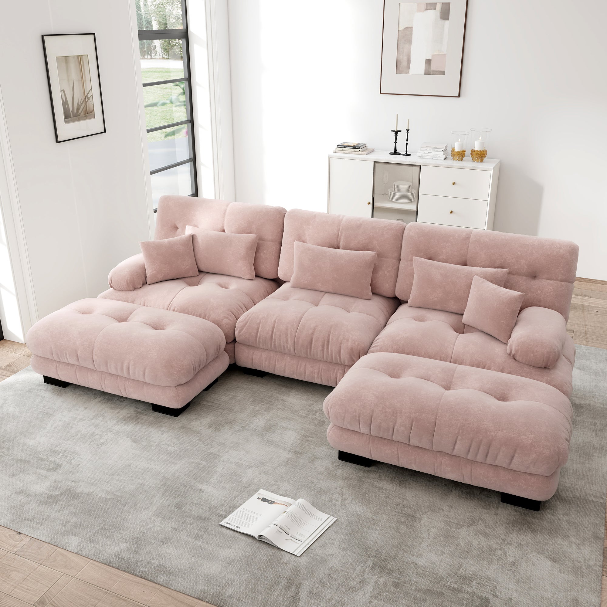 Canapé d'Angle Modulaire Luxe U (Chenille Rose) : Nuage Surdimensionné, Canapé-Lit, Pouf - 2