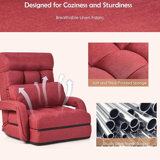 LIFEZEAL Fauteuil de Salon Convertible avec Dossier Réglable sur 5 Positions，Fauteuil Sol avec Accoudoirs, Chauffeuse 1 Place Pliable(Rouge) - 4