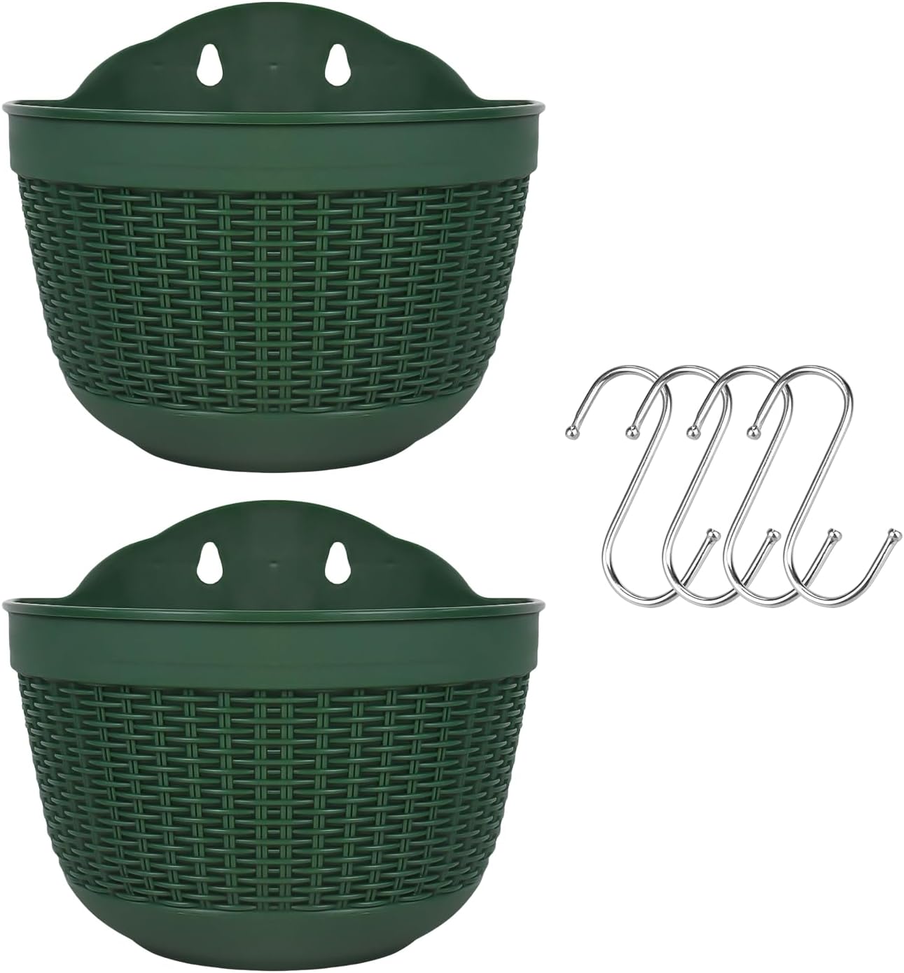 Zestaw 2 plastikowych wiszących doniczek na kwiaty do użytku zewnętrznego, na balkon, ogrodzenie, ścienne doniczki z drenażem i 4 haczyki