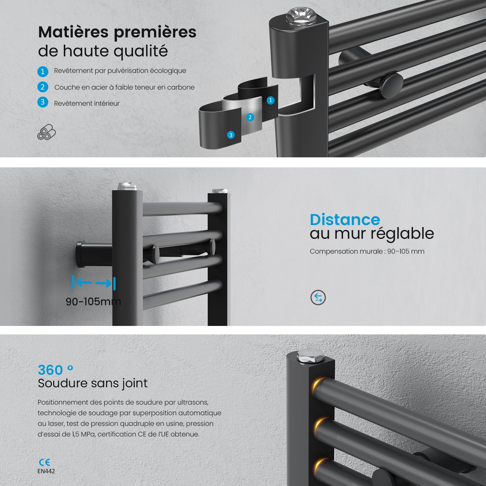 Heilmetz Sèche-Serviettes Electrique, Radiateur Sèche-Serviettes 70x40 cm Anthracite avec Timing Elément de Chauffage Electrique - 6