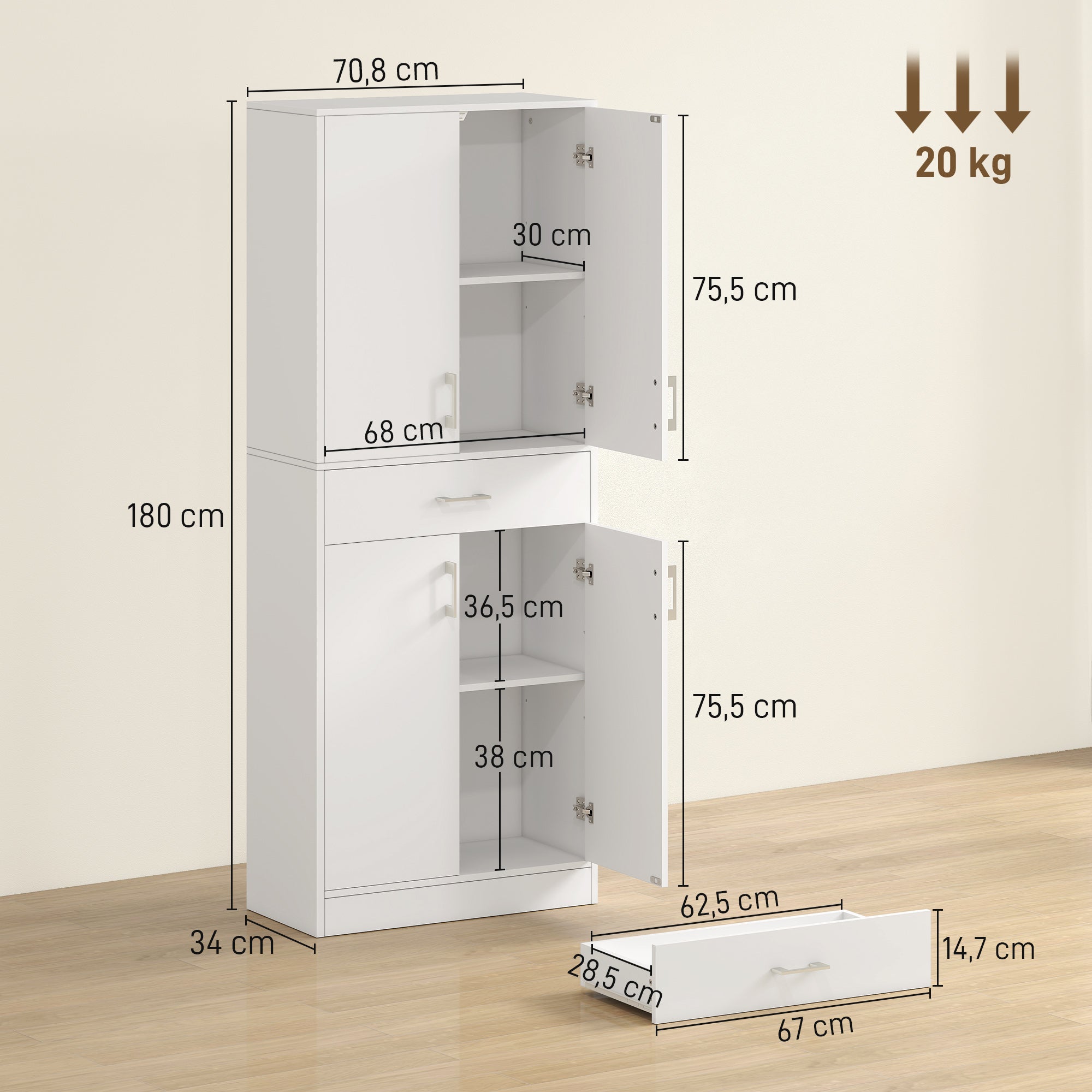 Alacena de Cocina HOMCOM Melamina de Madera, MDF Blanco 70.8x34x180 cm - 3