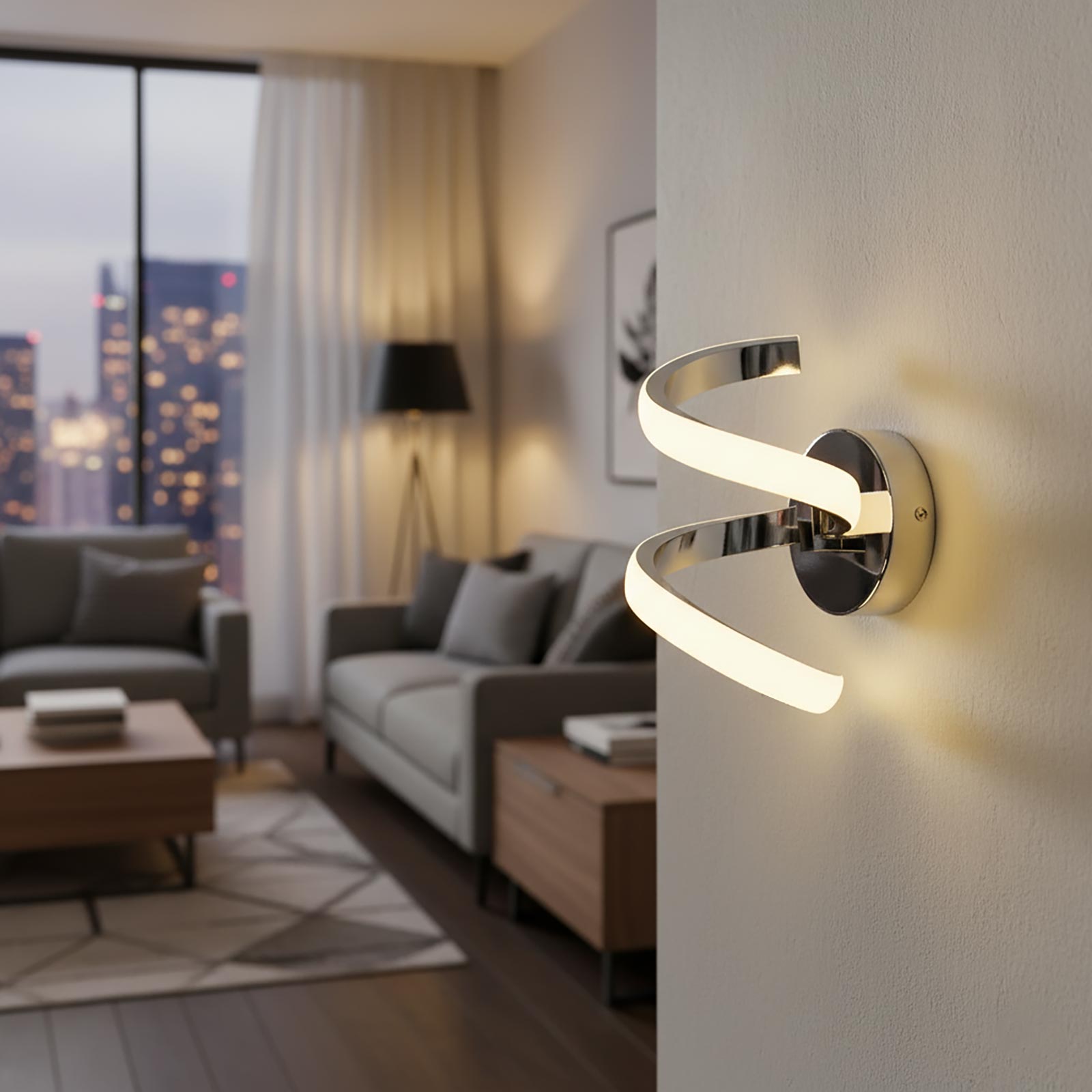 Lámpara de pared LED estilizada lámpara de pared curvada en espiral de 3 pasos 9W salida 72W luz dormitorio 230V COLOR PLATA - 2