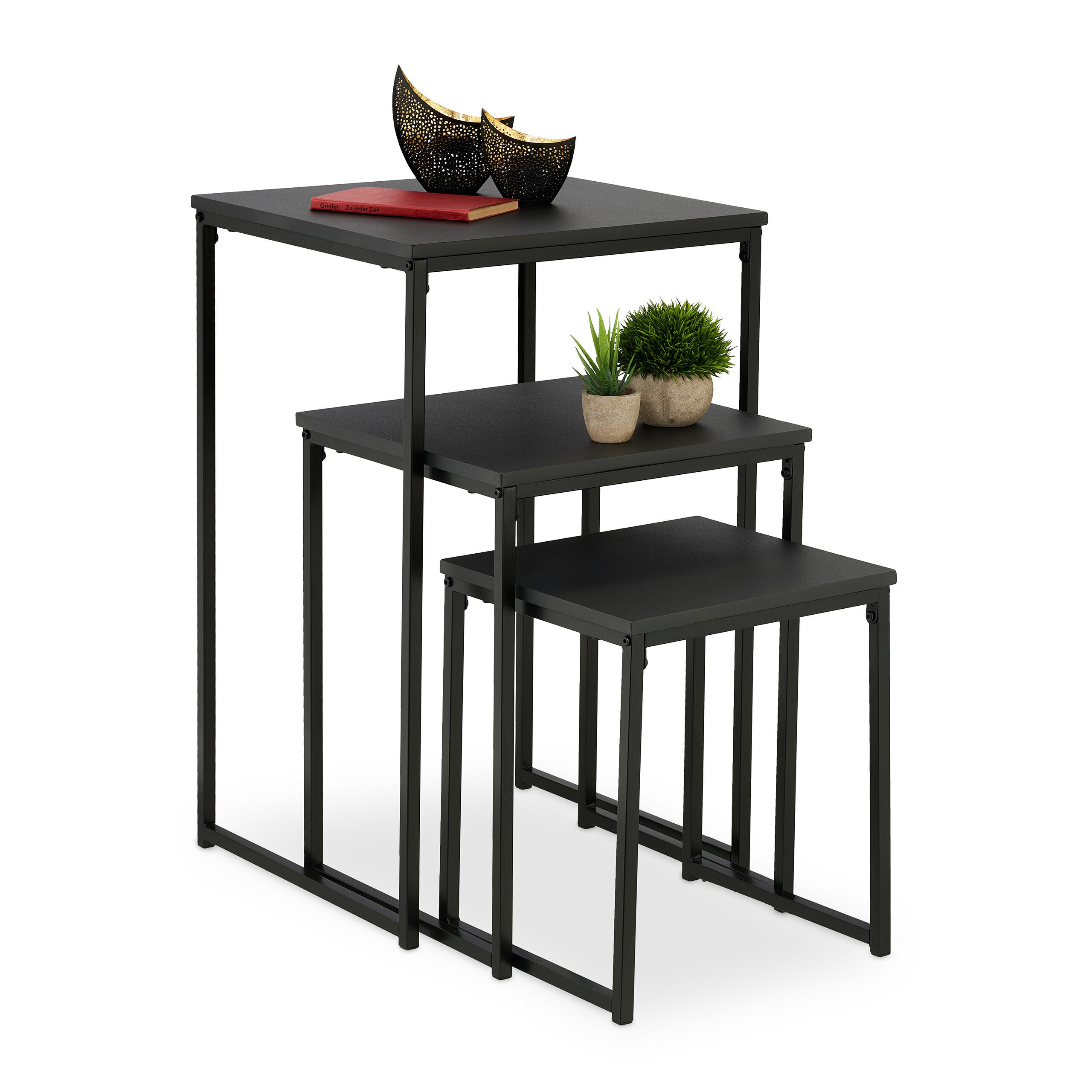 Lot de 3 tables d’appoint, empilables, 3 tailles, carrées, métal, pour ...