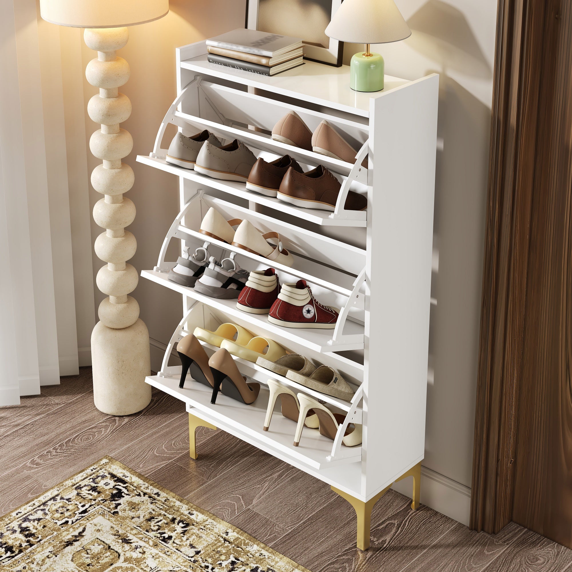 Nowoczesna szafa na buty 63x24x120 cm - 3 poziomy przechowywania - Nogi metalowe - MDF - Biały - 3