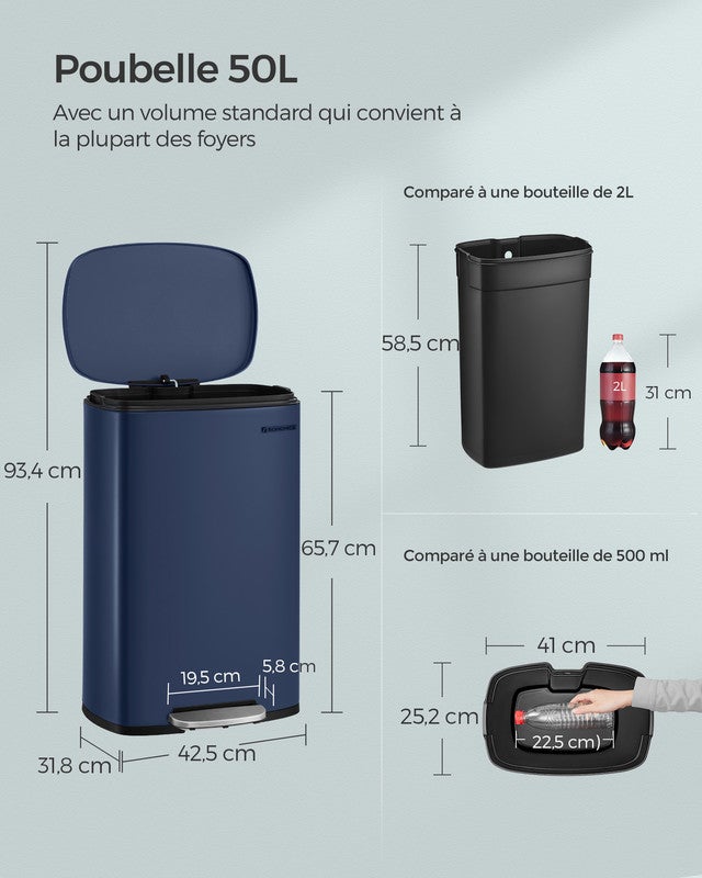 Poubelle Cuisine 50L, Poubelle Bureau, Fermeture en Douceur, avec Pédale, en Acier, Seau Intérieur, Bleu - 5
