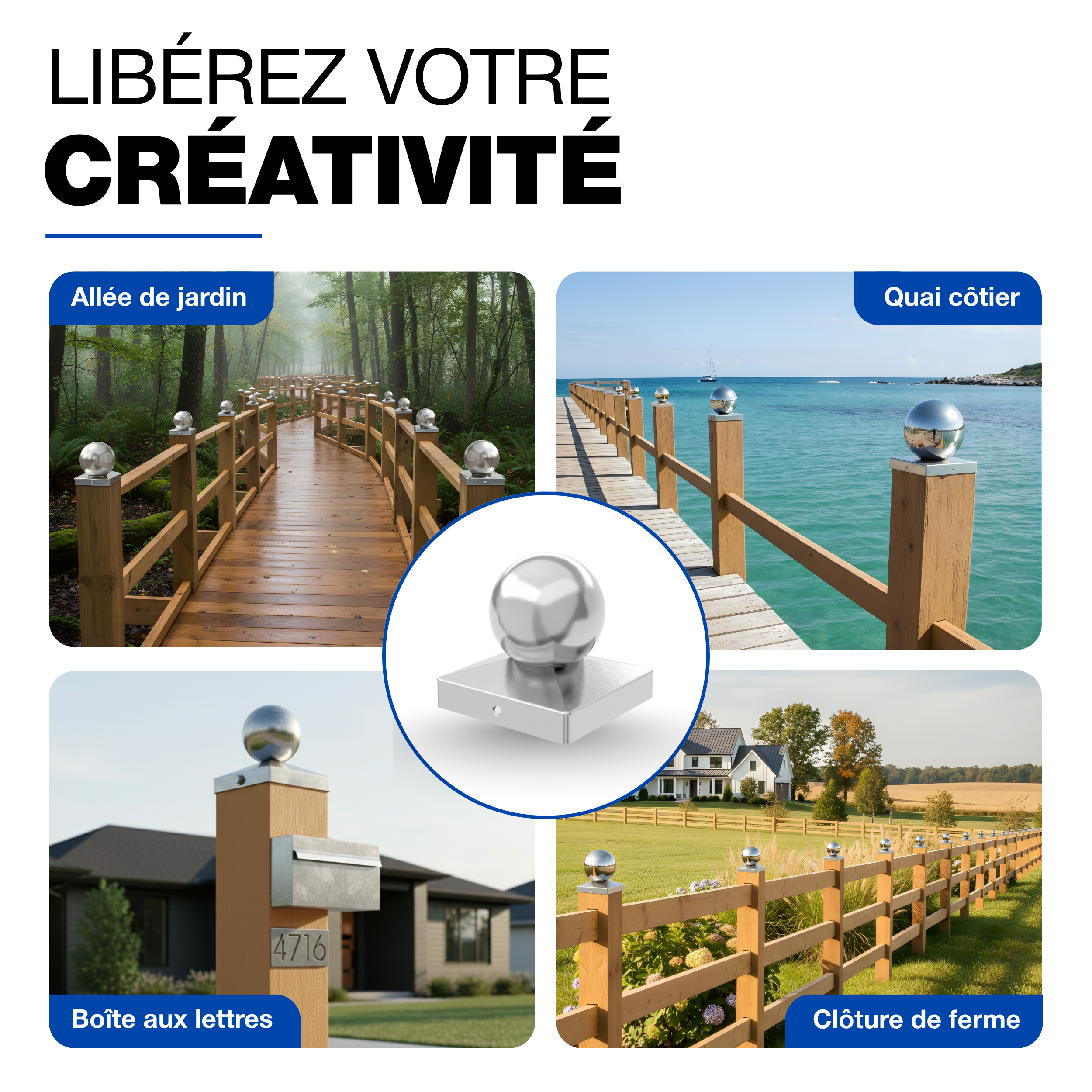 Capuchon de poteau Acier Inoxydable 71 x 71 mm boule chapeau poteaux capuchons protection bois GeZu Impex - 8