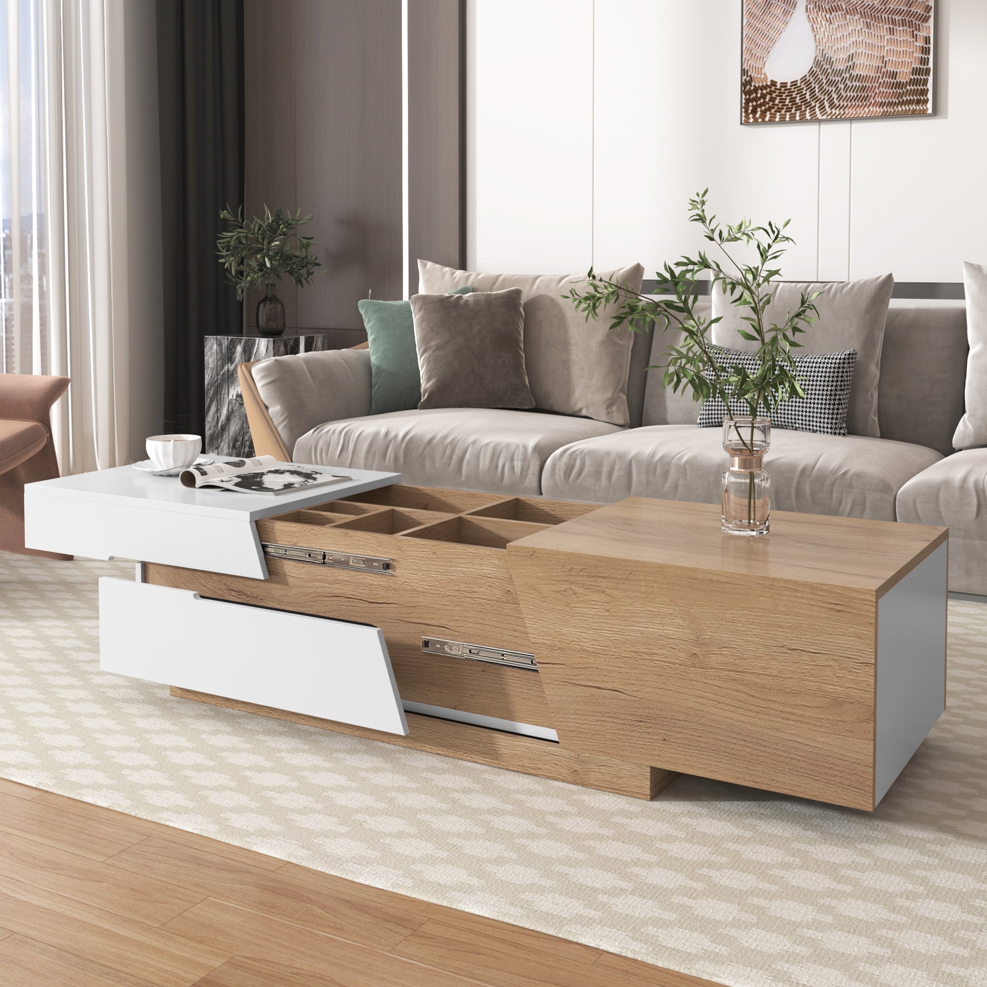 Table basse extensible avec 2 tiroirs - 120 x 50 x 37.5 cm - Panneaux de particules - Blanc + naturel - 9