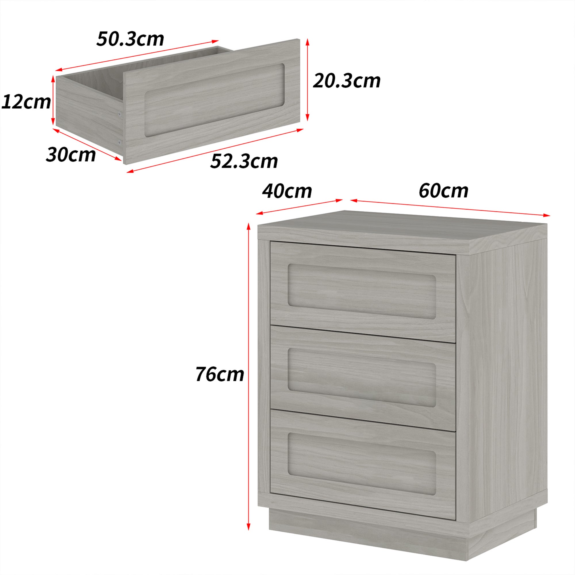Table de Chevet avec 3 Tiroirs pour Chambre, Petite Commode avec Aspect Bois, 60 x 40 x 76, Gris - 2