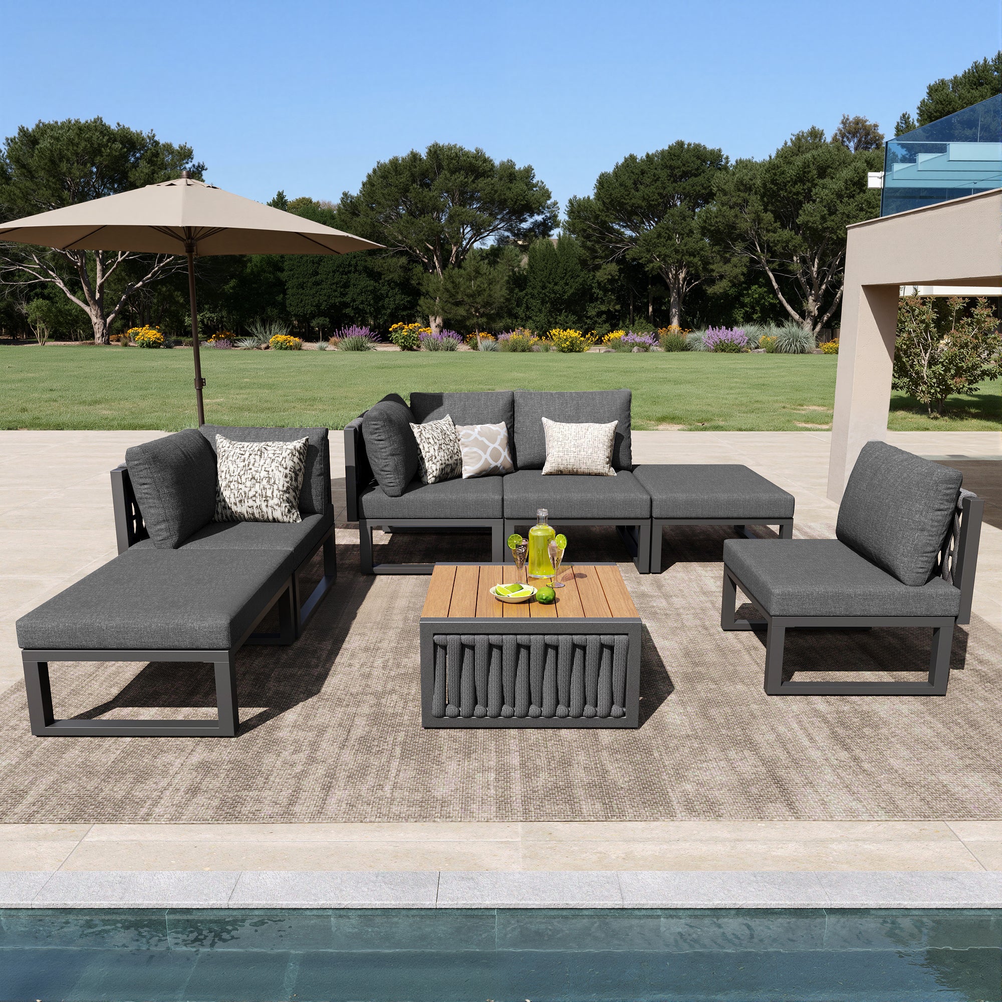 Salon de Jardin Exterieur,pour 6 personnes,Ensemble de canapé de jardin,Chaise longue double d'extérieur avec coussin,angle du dossier réglable,Gris - 6