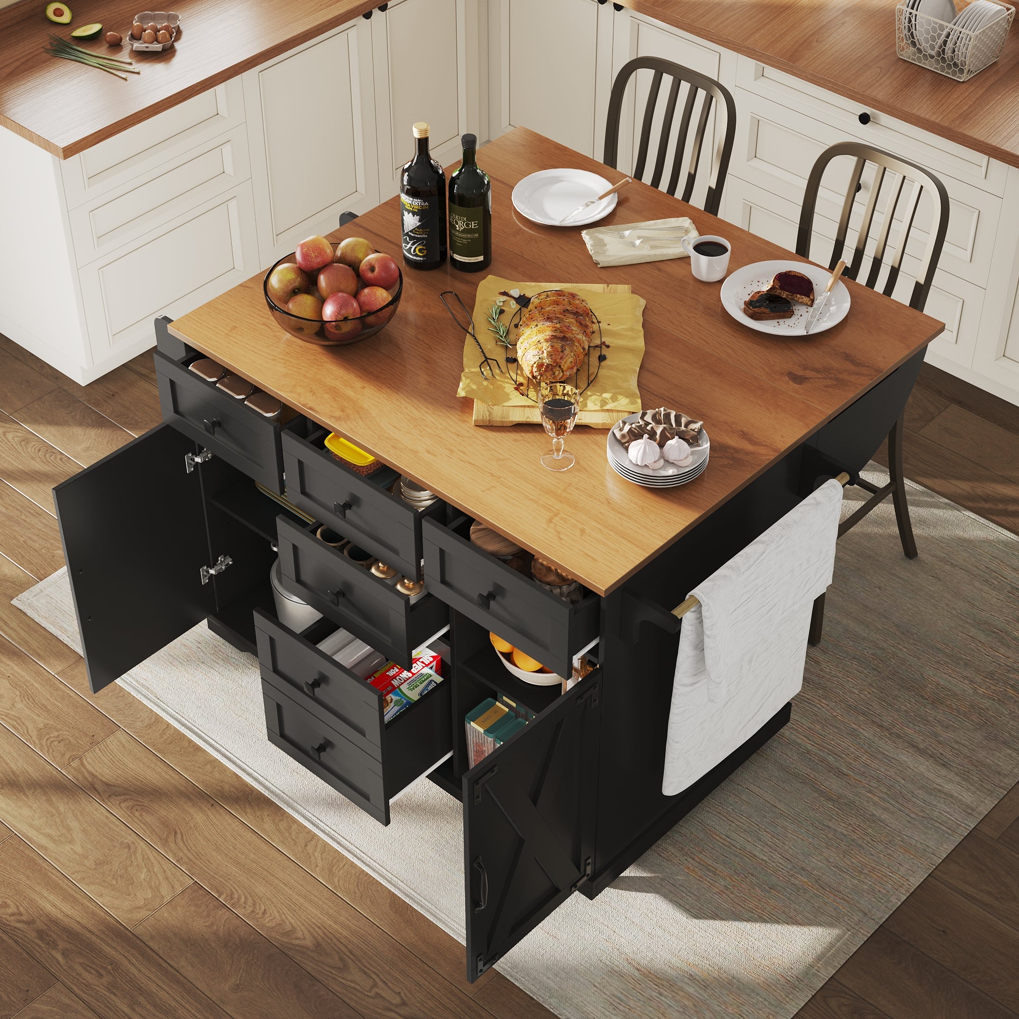 Mobilna wyspa kuchenna z 2 drzwiami i 5 szufladami - 120 x 44/70 x 93 cm - Wysuwany blat - MDF i metal - Czarny
