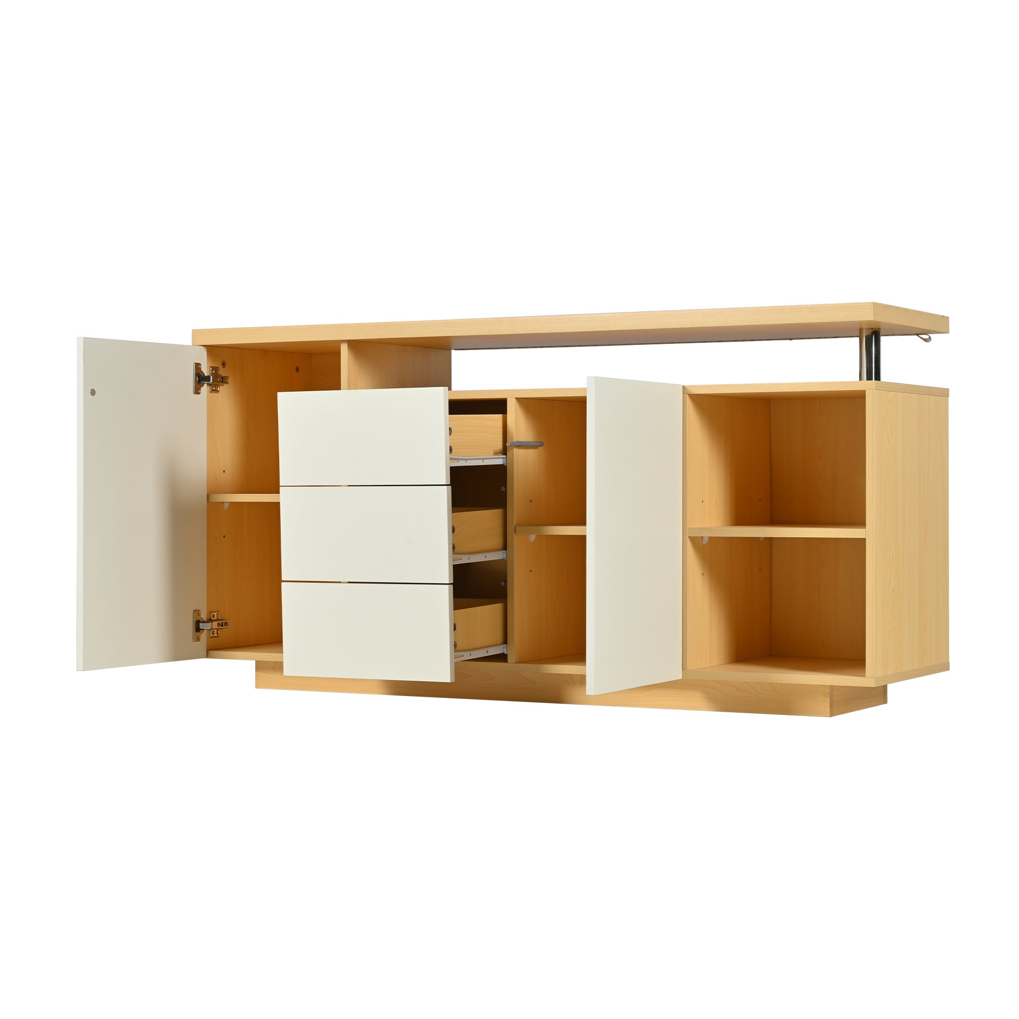 Buffet Moderne Multifonctionnel 140 cm avec Éclairage LED, 2 Portes, 3 Tiroirs, 2 Compartiments Ouverts et Finition Blanc Bois - 5