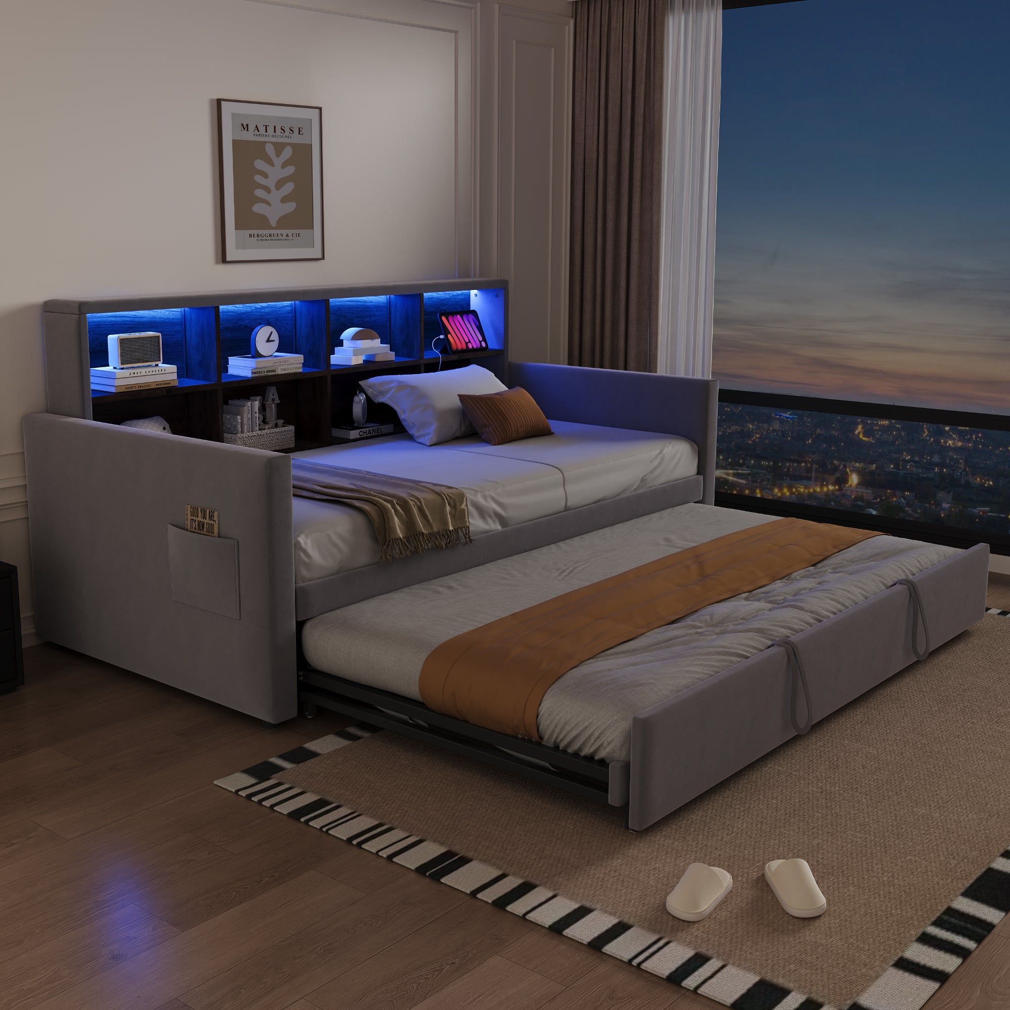 Rozkładana sofa z poduszkami 90x190cm - z oświetleniem LED - z gniazdem ładowania - z wysuwane łóżko - tkanina welurowa - Jasnoszary - 4