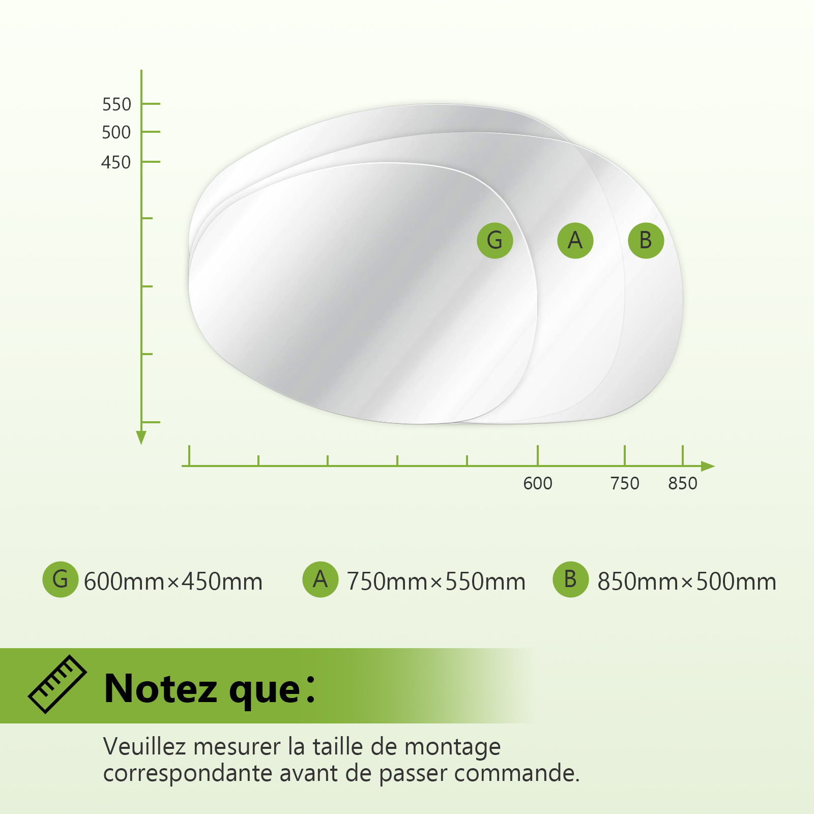 Miroir asymétrique sans cadre 50 × 85 cm, miroir mural anti-humidité pour salle de bains, bords polis, installation verticale ou horizontale - 5