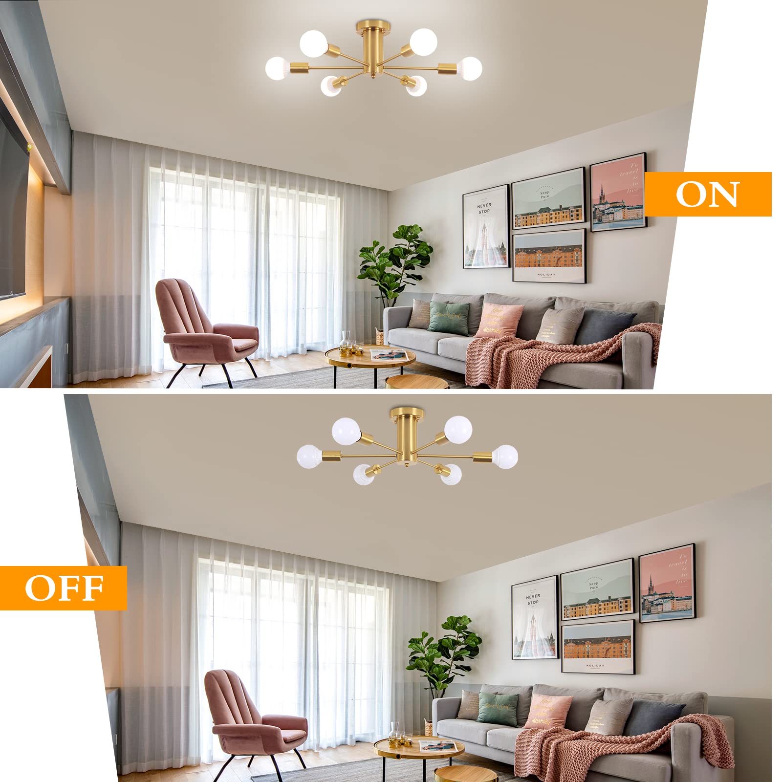 Lámpara de techo de montaje semiempotrado, 6 cabezales, candelabro Sputnik, lámpara colgante de mediados de siglo, dorada (bombilla no incluida) - 5