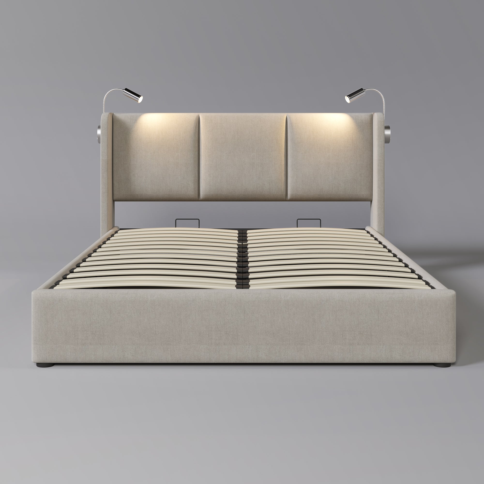 Cama contenedor 160 x 200 cm con cabecero - tela de lino - USB + lámpara de lectura - beige - 3