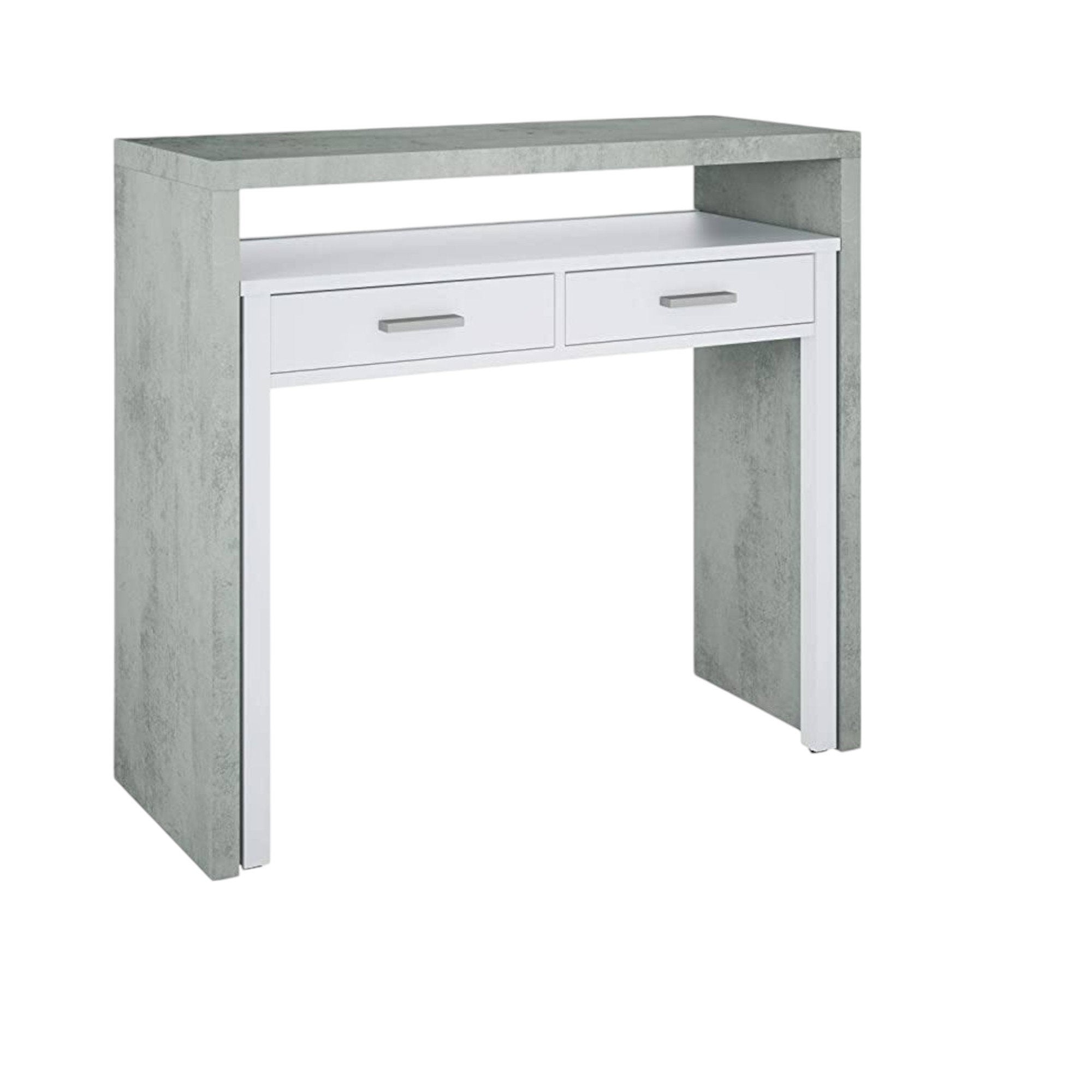 Bureau Billings, Bureau avec plateau extensible, Bureau PC avec 2 tiroirs, 99x36h88 cm, Ciment et Blanc - 5