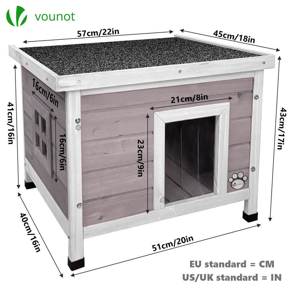 Maison pour chat niche en bois gris - toit bitumé autoportant et incliné - porte à lamelles - fenêtre en plexiglas - VOUNOT® - 5
