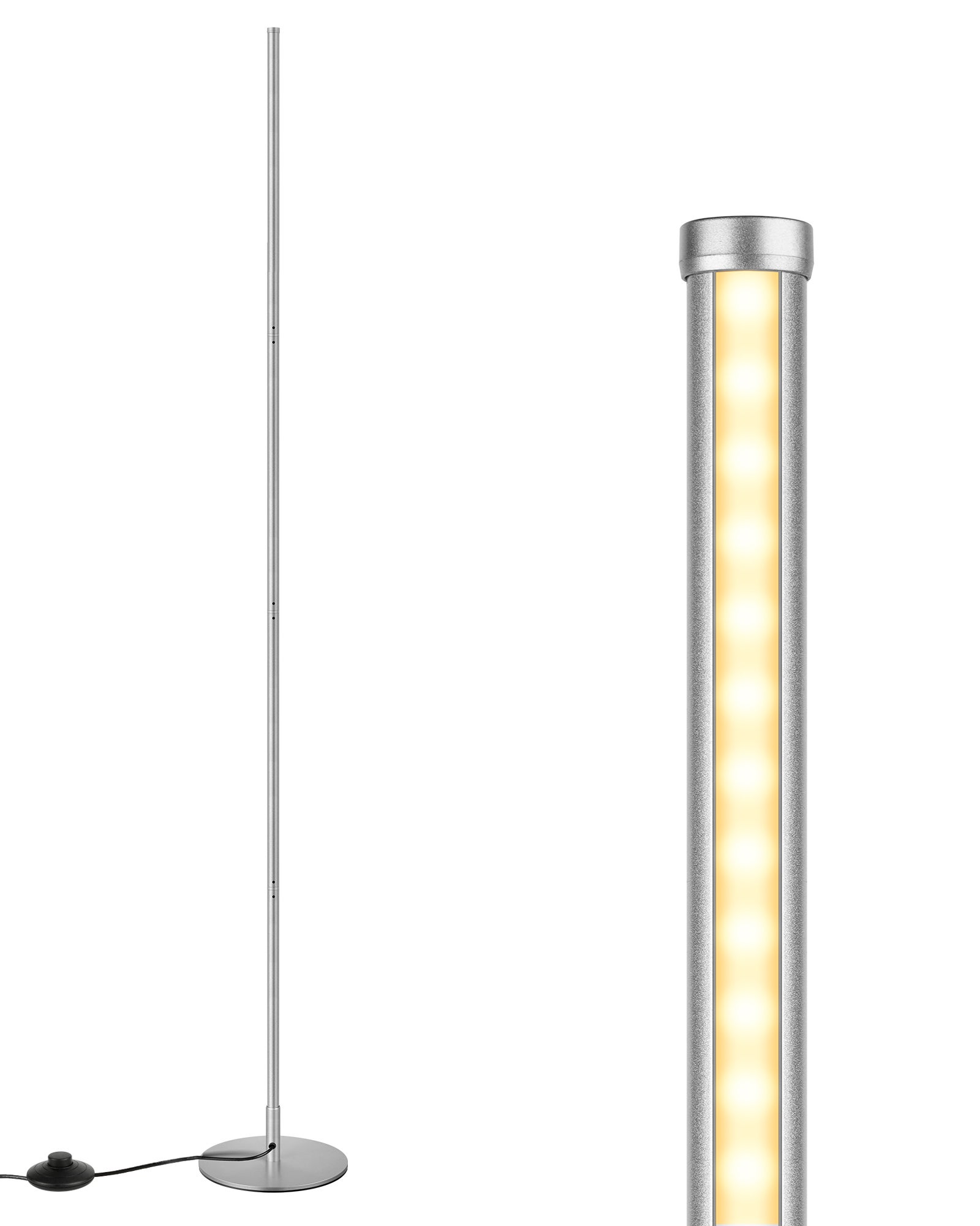 EDISHINE Lampadaire sur pied salon LED dimmable, 3000K blanc chaud, H146cm, interrupteur à pied, argenté, lampe d'ambiance moderne - 2