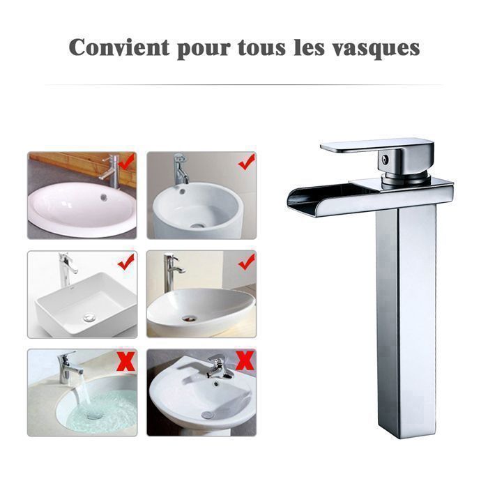 Robinet Salle de Bain Cascade Haut Mitigeur Lavabo Mitigeur Évier en Laiton Chromé Design Moderne - 5