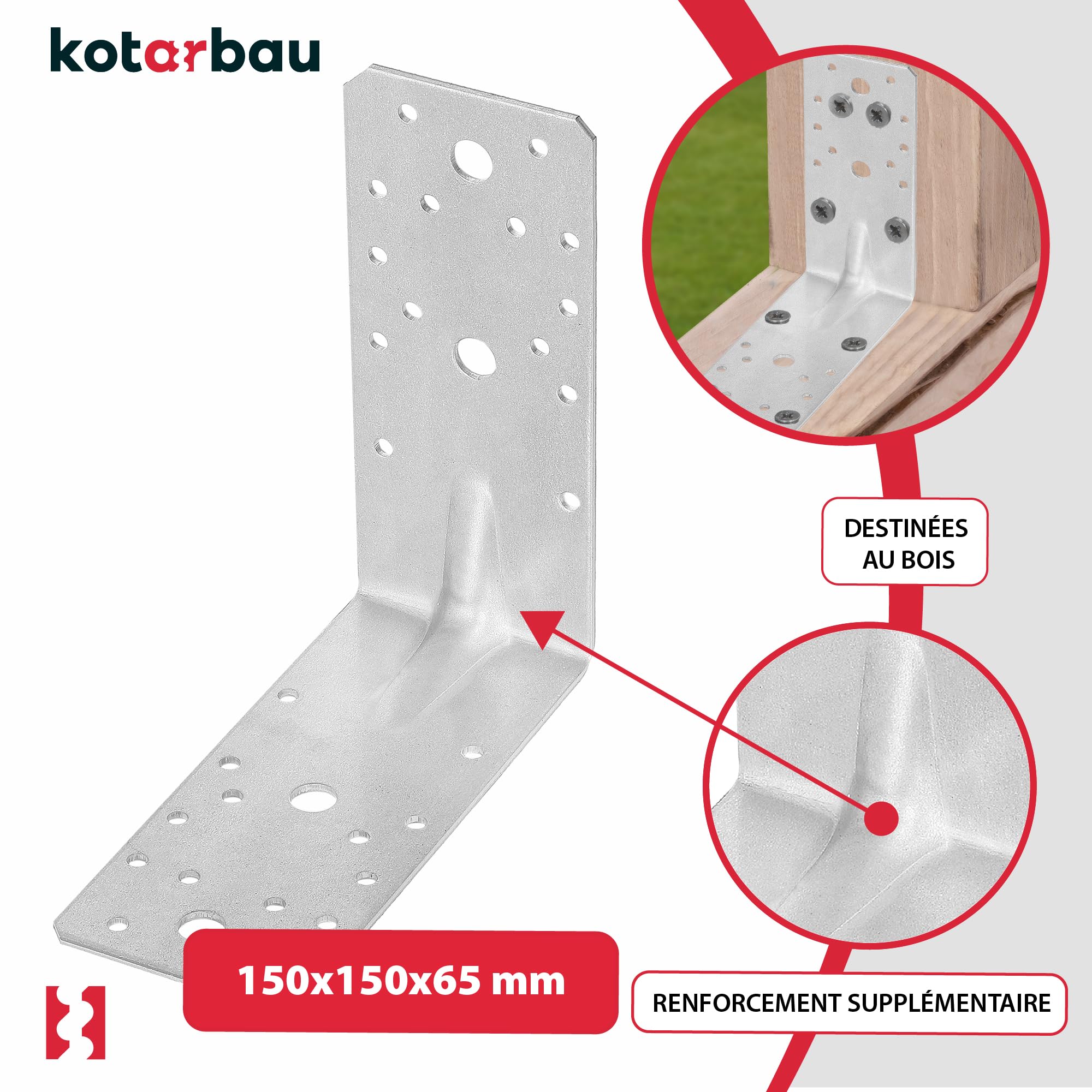 25 szt. Kątownik Ciesielski - Łącznik Budowlany - 150 x 150 x 65 mm - Stal ocynkowana - z Przetłoczeniem - Nierdzewny KOTARBAU - 4