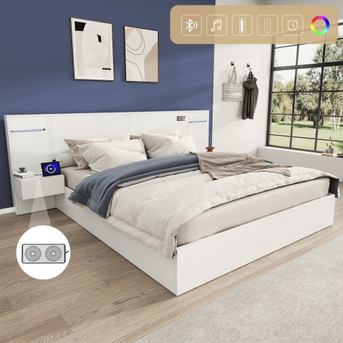 Drewniane łóżko podwójne z USB, zegarem elektronicznym, głośnikiem Bluetooth, oświetleniem otoczenia160*200 cm - 2 białe stoliki nocne bez szuflad