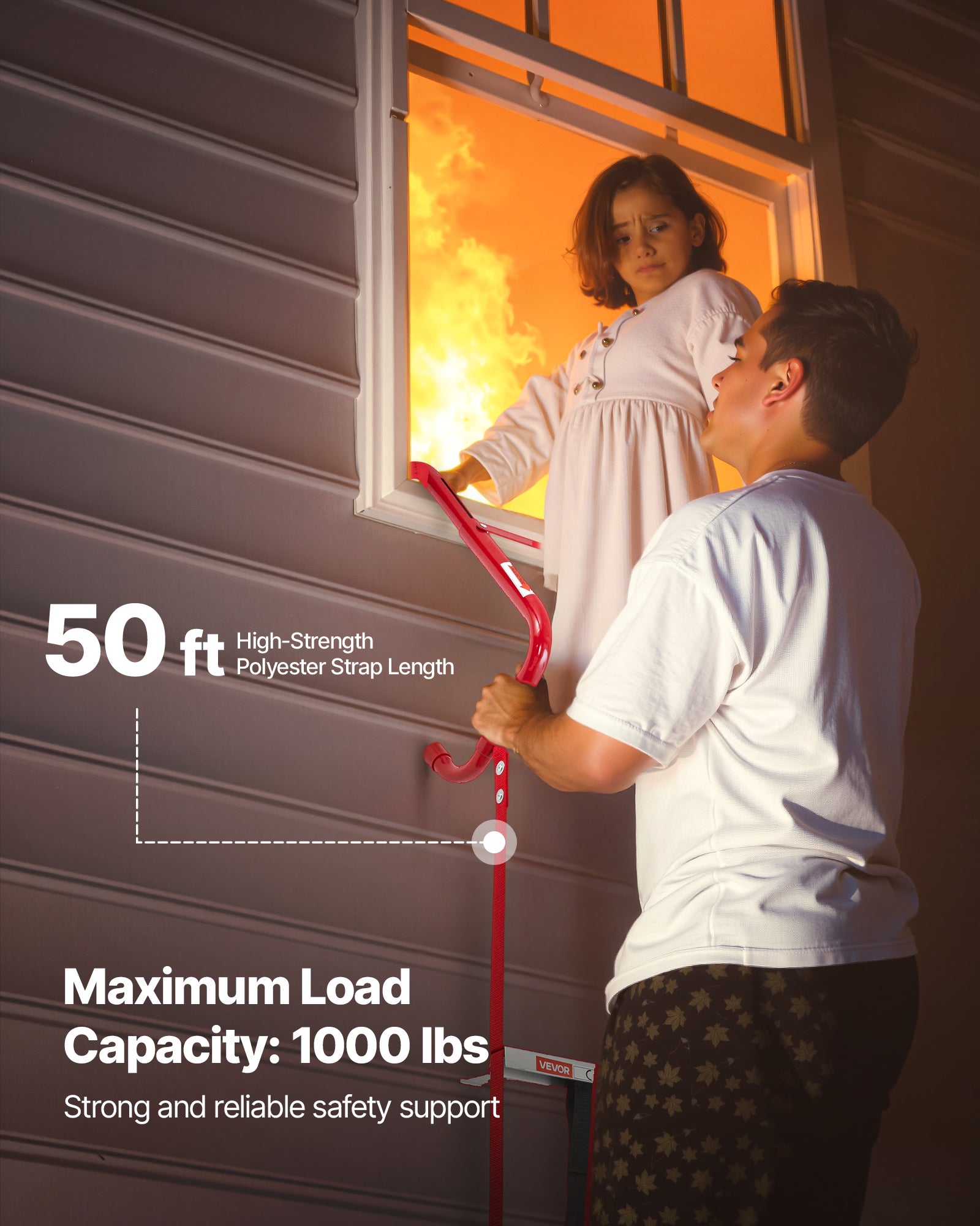 Échelle de Corde VEVOR 15,2 m, Échelle de Secours Incendie Rétractable 5 à 6 Étages en Alliage Aluminium, Capacité de Charge 453,6 kg, avec Sangle - 3