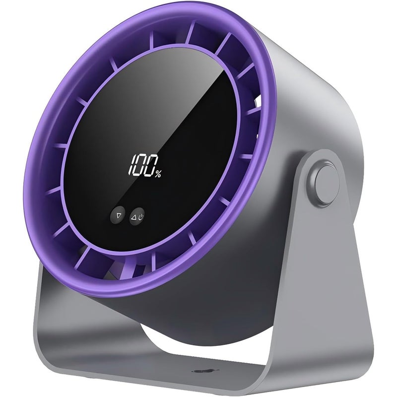 Cichy wentylator biurkowy z akumulatorem USB i wyświetlaczem cyfrowym, 100 prędkości, do sypialni, biura, na kemping, fioletowy i szary