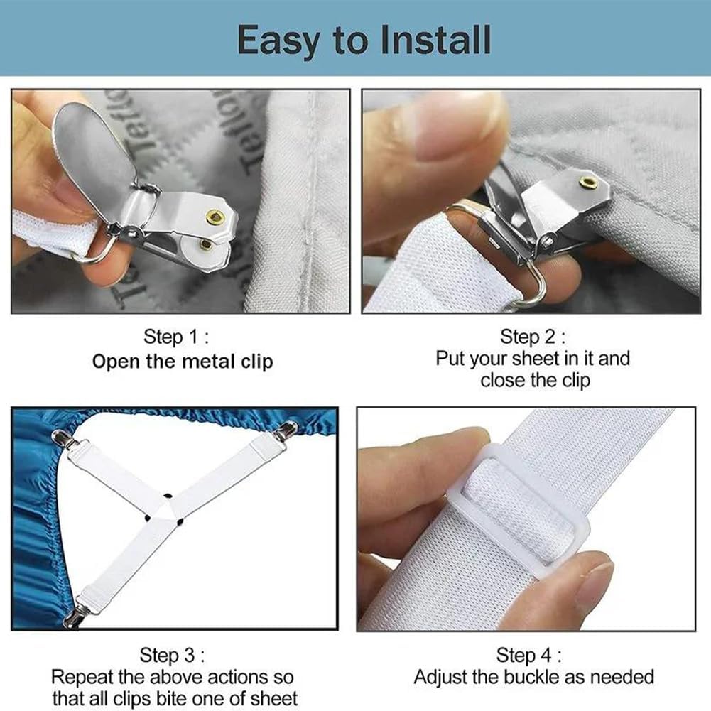 Attache Drap Housse Triangle Attache,Matelas Élastique Tendeur de Draps,Sangles de Fixation Triangulaires Réglables 4 Pièces Blanc - 5