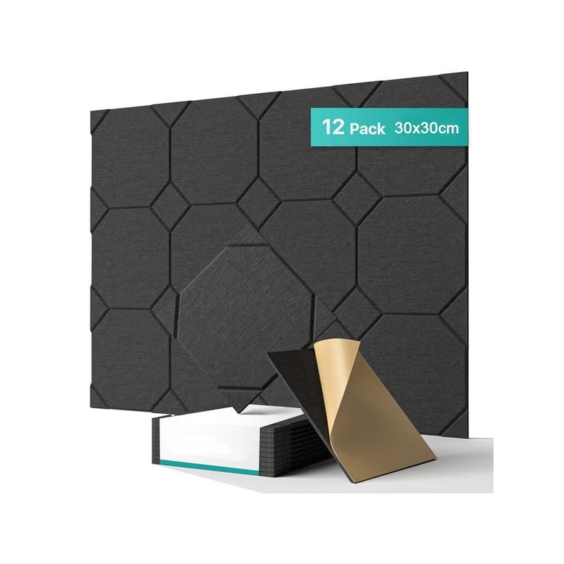 Zestaw 12 samoprzylepnych paneli dźwiękochłonnych, panele ścienne dźwiękochłonne o wysokiej gęstości, wygłuszenie z poliestru, 30 x 30 x 1 cm