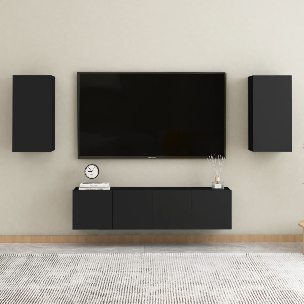 VidaXL Ensemble Meuble TV 3 Pièces Bois D'Ingénierie Noir - Rangement Mural Moderne Et Élégant Pour Salon