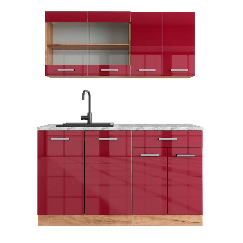 Vicco Pojedyncza kuchnia R-Line, Czerwony wysoki połysk/złoty dąb, 140 cm , BP Marmur