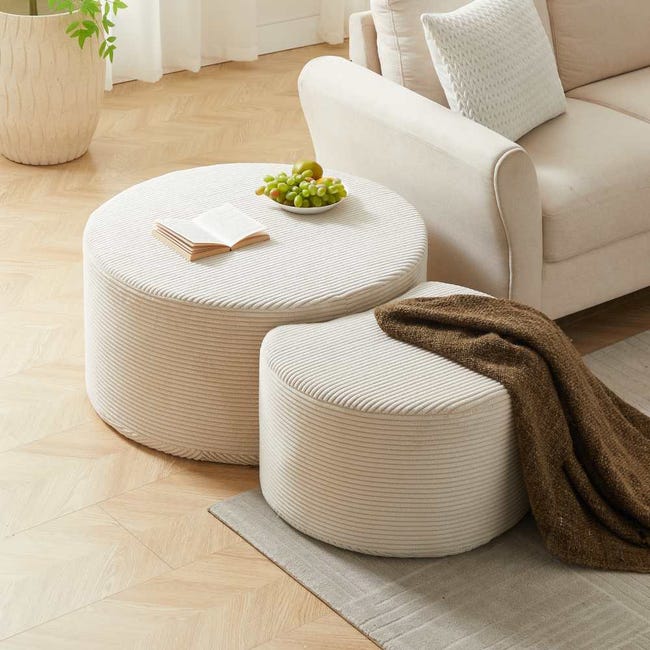 Set tavolini moderni pezzi, pouf rotondi imbottiti