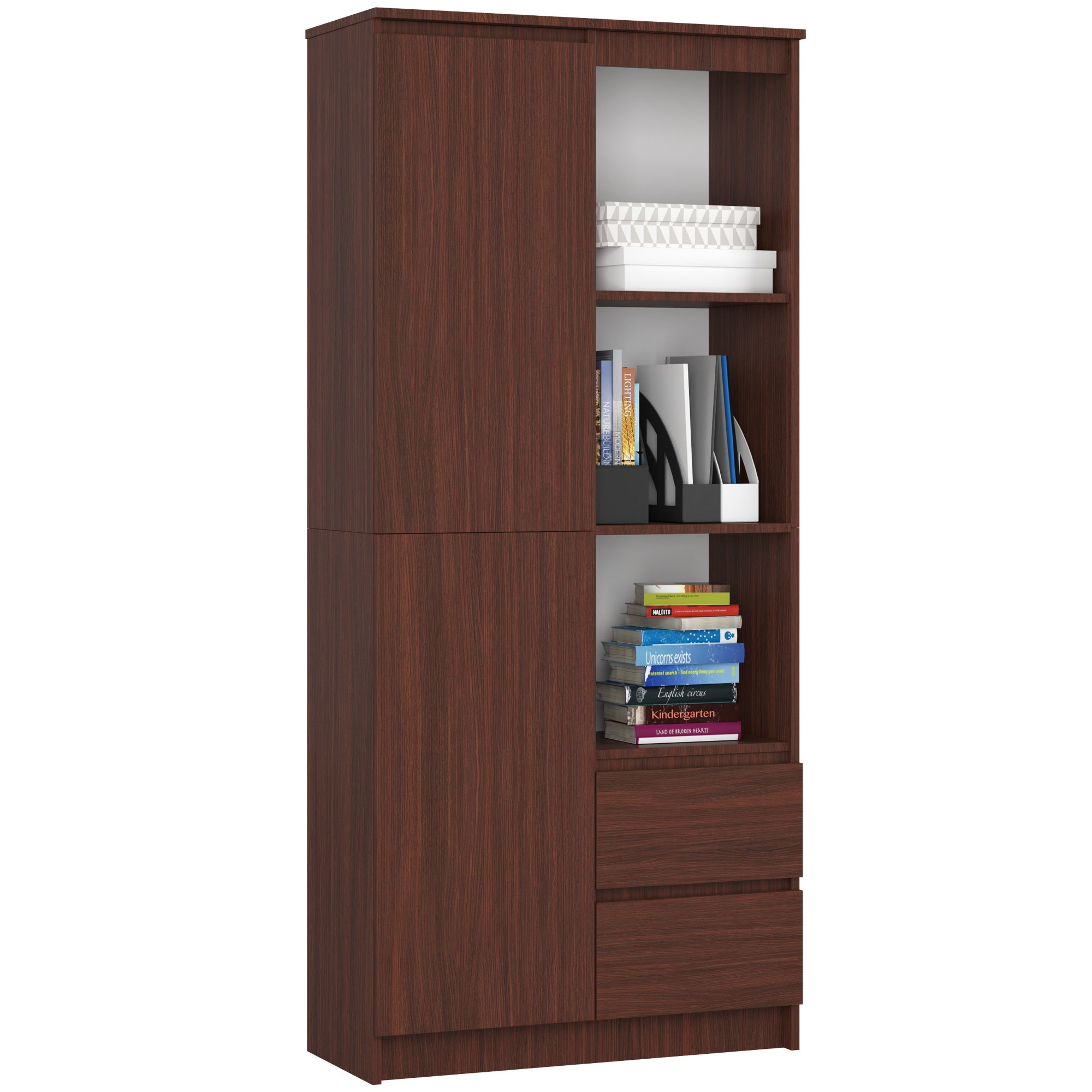 Regał AKORD R11 Wenge 80 cm 1 drzwi 2 szuflady kolor Wenge mat 7 półek 80x35x180 cm