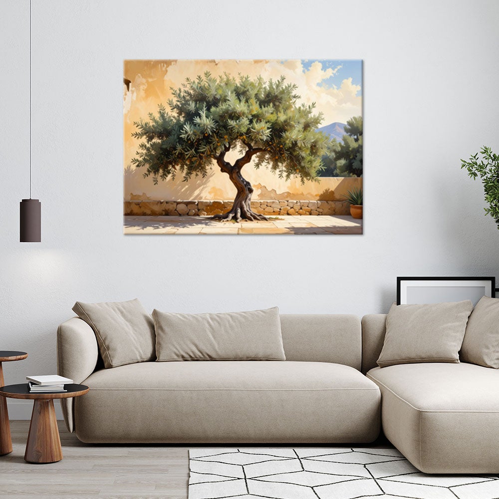 Obraz do salonu sypialni biura, Drzewko oliwne na tle muru w beżu 100x70 - 2